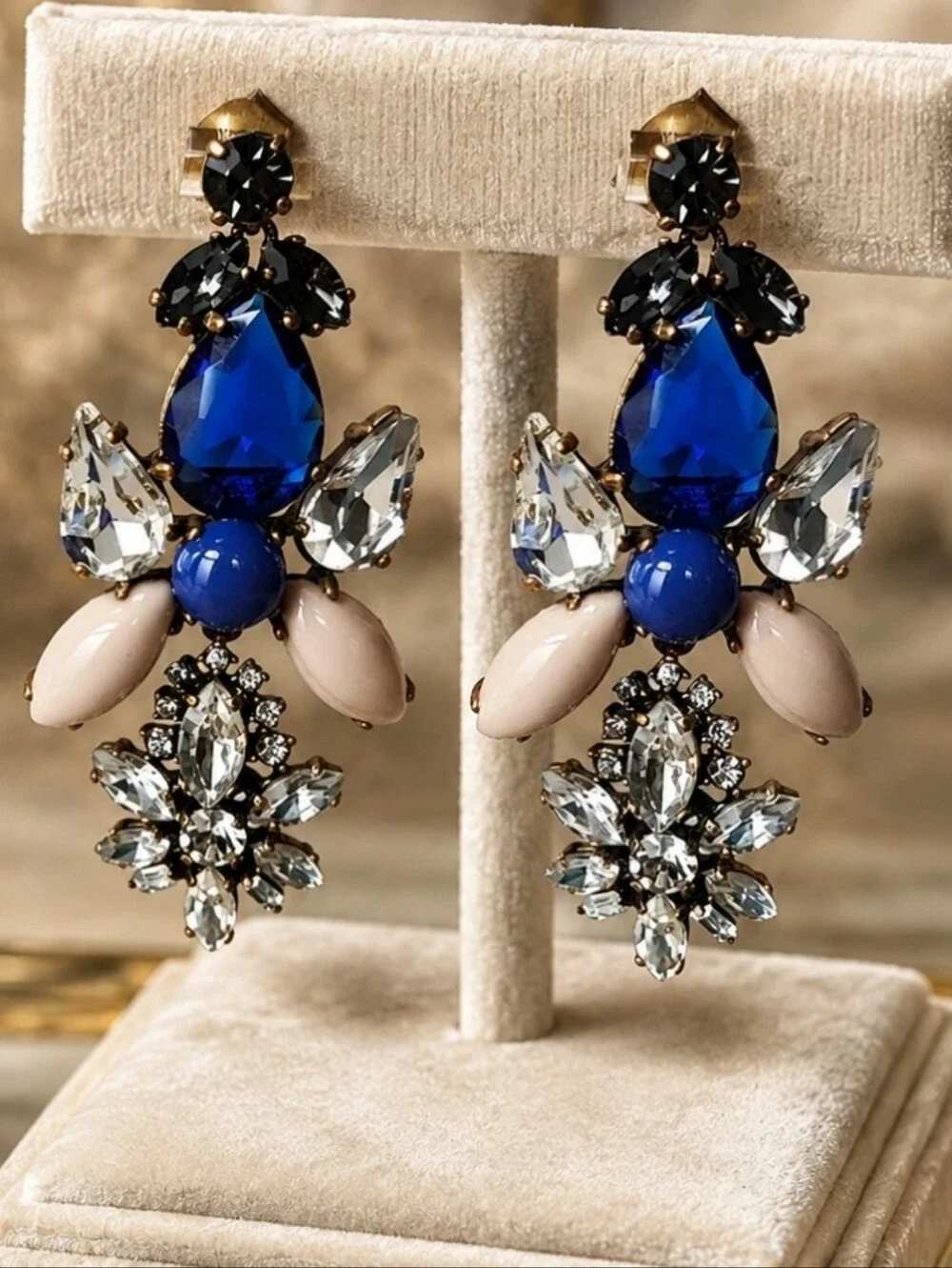 J. Crew Brand Sapphire Blue Opaque Cabachons Clear Rhinestones Pierced Earrings